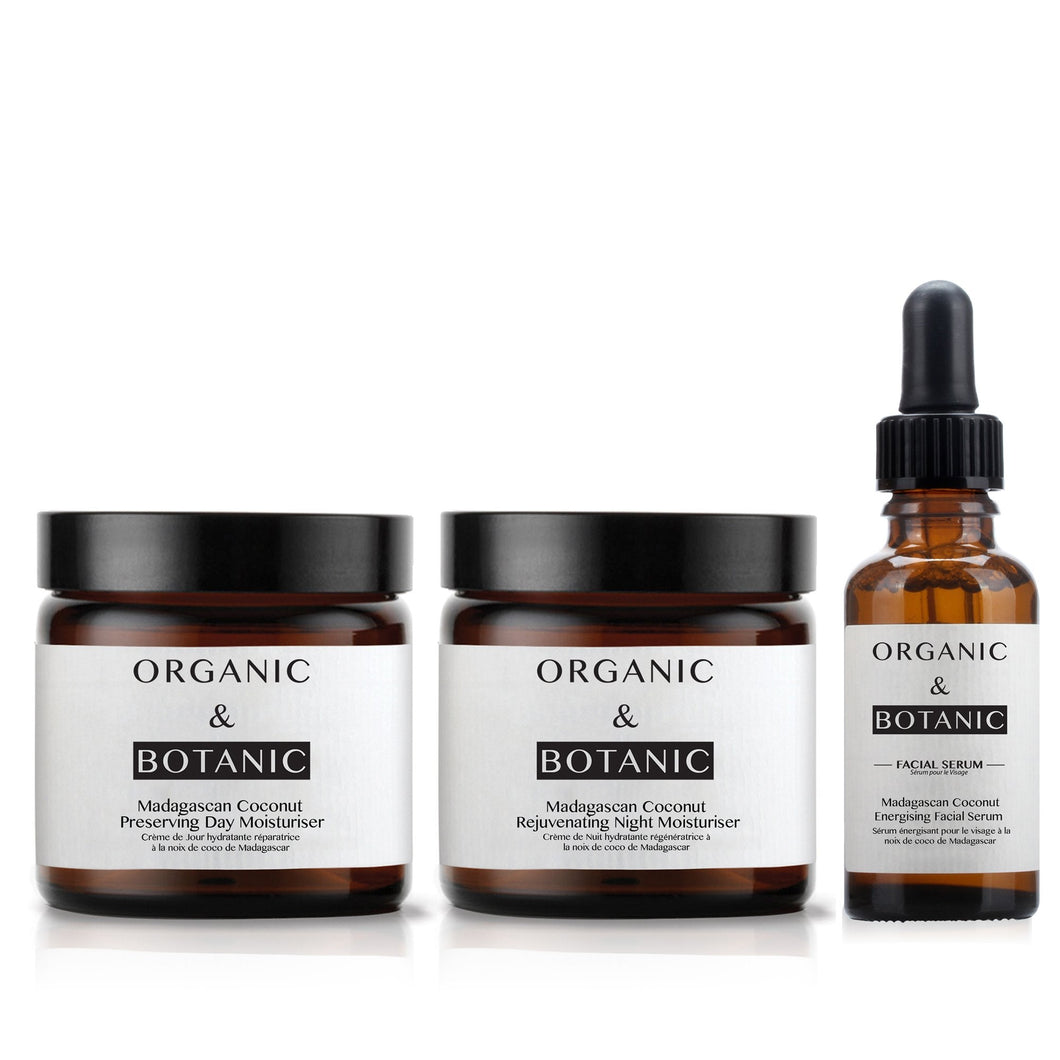 Madagascan Coconut Energising Facial Serum + Madagascan Coconut Preserving Day Moisturiser + Madagascan Coconut Rejuvenating Night Moisturiser - Dr. Botanicals Skincare